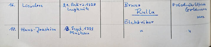 Taufeintrag von Lieselore und Hans Rulla 1936