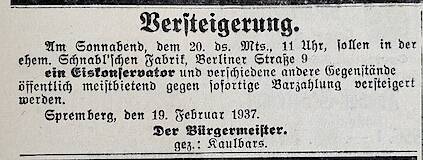 Versteigerung in der Schnabl'schen Fabrik, Spremberger Anzeiger vom 19. Februar 1937