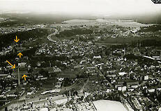 2 Tuchfabriken der Levys (Georgenstraße + Mittelstraße) & die Villa Levy, Luftansicht 1930