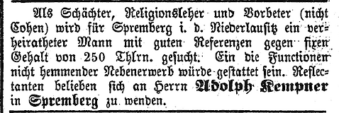 Inserat von Adolf Kempner 1872