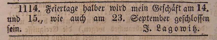 Annonce anlässlich der jüdischen Feiertage am 11.09.1852