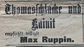 Geschäftsanzeige von Max Ruppin für "Thomasschlacke und Kainit", Spremberger Anzeiger vom 19.8.1897