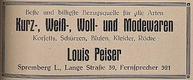 Werbung fürs Geschäft Louis Peiser im Spremberger Adressbuch 1929